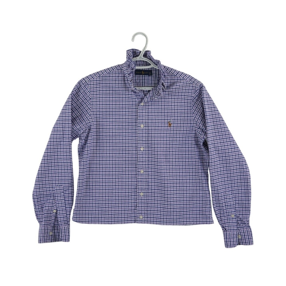 Ralph Lauren Ruffle Collar Shirt Women's Size Small Purple Gingham Cropped - Picture 2 of 7